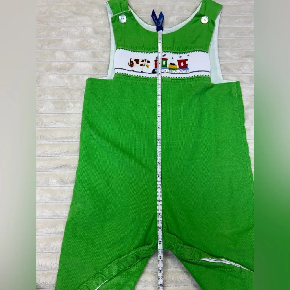 Anvy Kids: Boys Smocked Green Jon Jon, Cows and Train, Size 4T